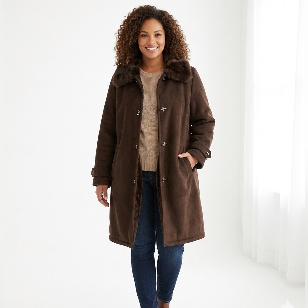 Donnybrook Vintage Faux Suede Fur Lined Trench Coat Brown Plus Size 1X